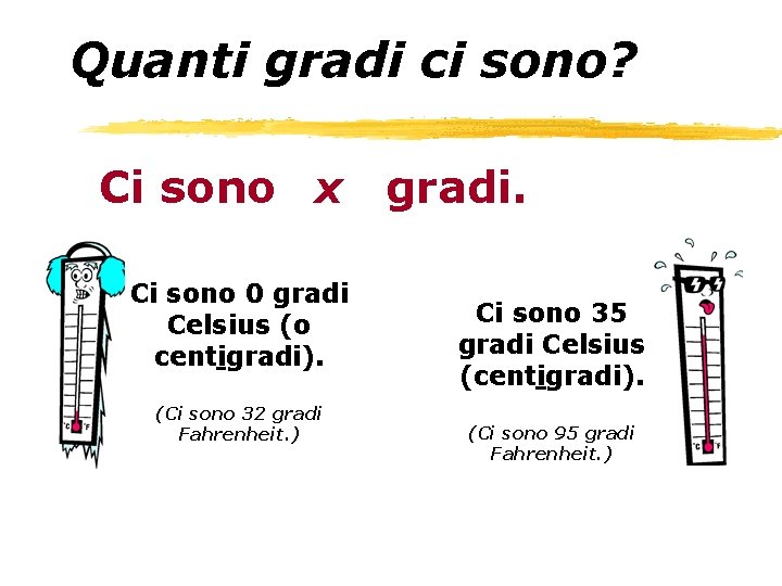 Quanti gradi ci sono? Ci sono x gradi. Ci sono 0 gradi Celsius (o