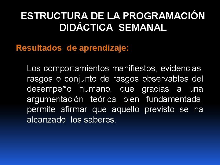 ESTRUCTURA DE LA PROGRAMACIÓN DIDÁCTICA SEMANAL Resultados de aprendizaje: Los comportamientos manifiestos, evidencias, rasgos