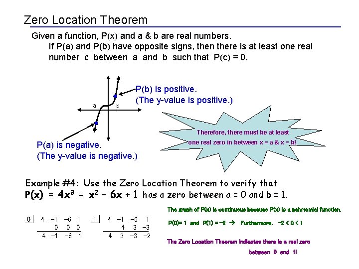 Zero Location Theorem Given a function, P(x) and a & b are real numbers.