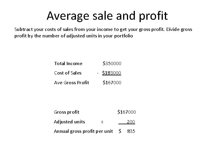 Average sale and profit Subtract your costs of sales from your income to get Average sale and profit Subtract your costs of sales from your income to get