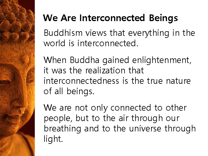 We Are Interconnected Beings Buddhism views that everything in the world is interconnected. When We Are Interconnected Beings Buddhism views that everything in the world is interconnected. When