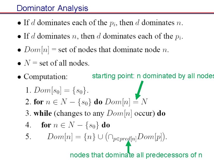 Dominator Analysis starting point: n dominated by all nodes that dominate all predecessors of Dominator Analysis starting point: n dominated by all nodes that dominate all predecessors of