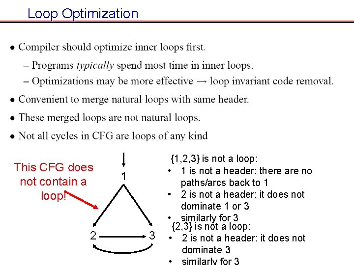 Loop Optimization This CFG does not contain a loop! 2 1 3 {1, 2, Loop Optimization This CFG does not contain a loop! 2 1 3 {1, 2,