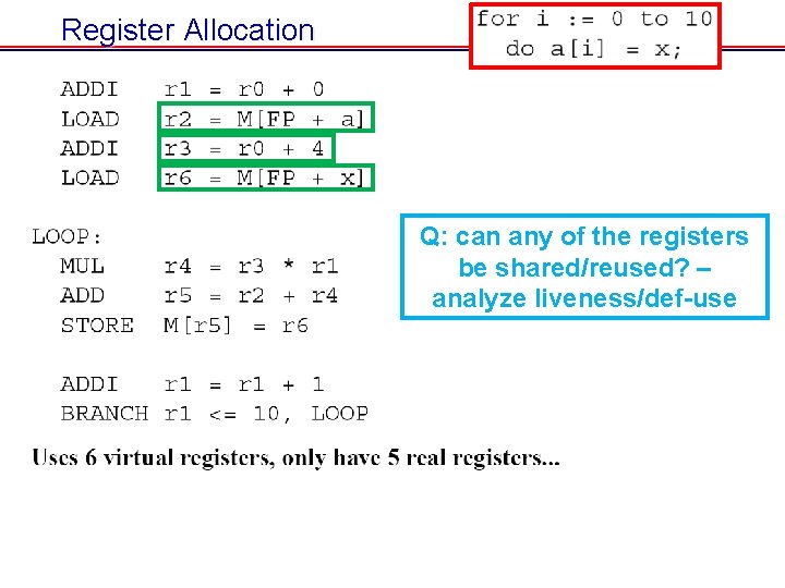 Register Allocation Q: can any of the registers be shared/reused? – analyze liveness/def-use Register Allocation Q: can any of the registers be shared/reused? – analyze liveness/def-use