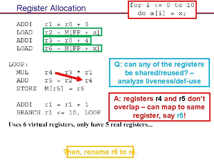 Register Allocation Q: can any of the registers be shared/reused? – analyze liveness/def-use A: Register Allocation Q: can any of the registers be shared/reused? – analyze liveness/def-use A: