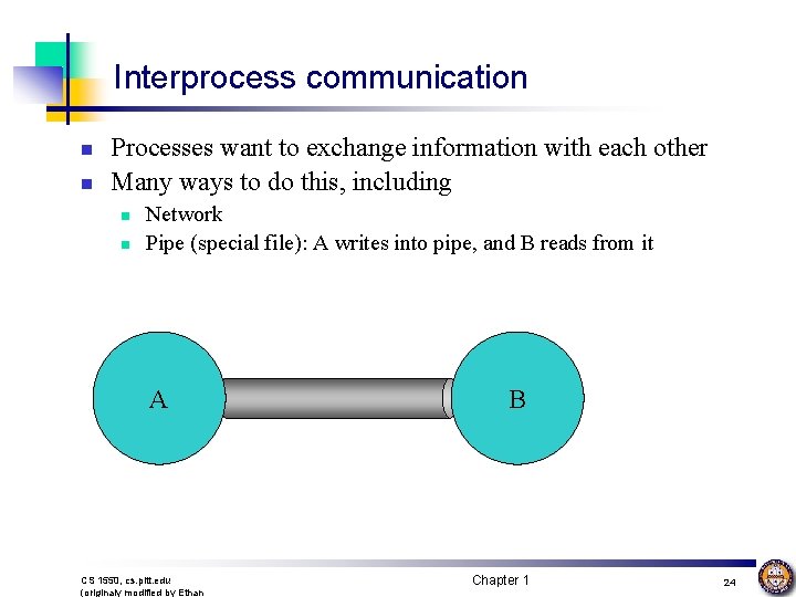 Interprocess communication n n Processes want to exchange information with each other Many ways