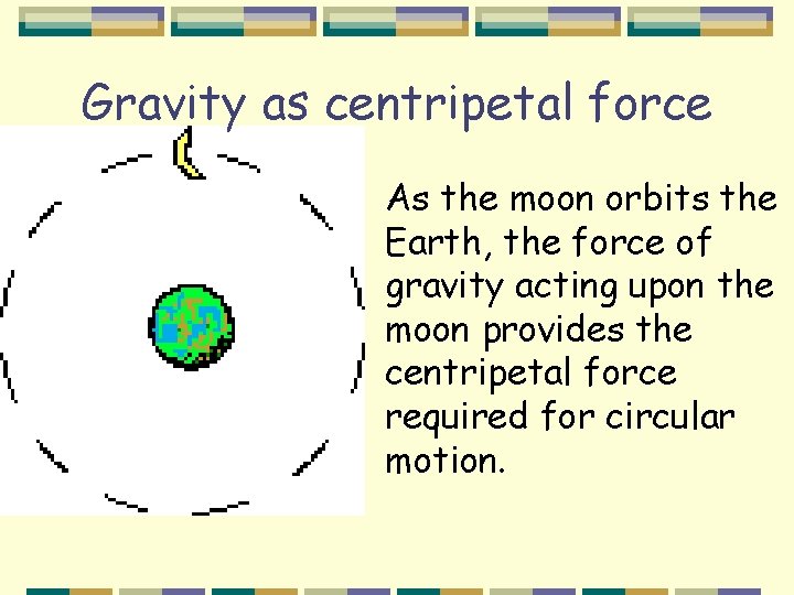 Gravity as centripetal force As the moon orbits the Earth, the force of gravity