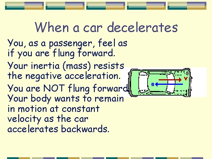 When a car decelerates You, as a passenger, feel as if you are flung