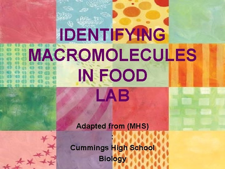 IDENTIFYING MACROMOLECULES IN FOOD LAB Adapted from (MHS) : Cummings High School Biology 