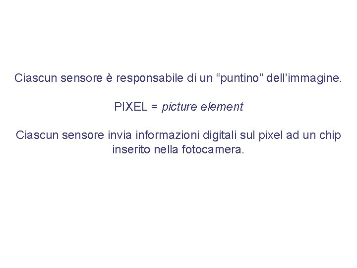 Ciascun sensore è responsabile di un “puntino” dell’immagine. PIXEL = picture element Ciascun sensore