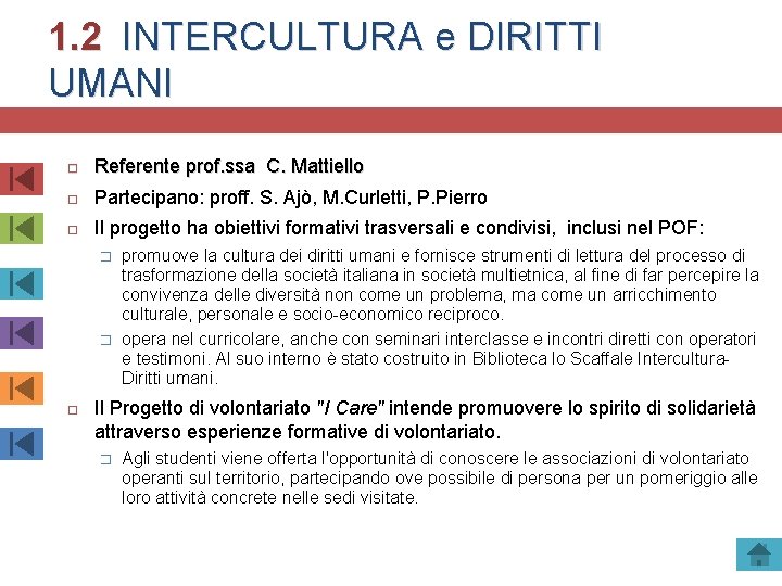 1. 2 INTERCULTURA e DIRITTI UMANI Referente prof. ssa C. Mattiello Partecipano: proff. S.