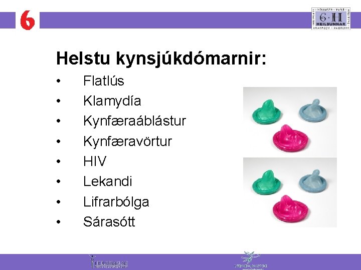 Helstu kynsjúkdómarnir: • • Flatlús Klamydía Kynfæraáblástur Kynfæravörtur HIV Lekandi Lifrarbólga Sárasótt 