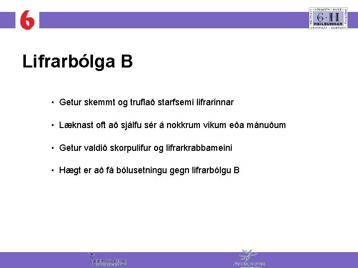 Lifrarbólga B • Getur skemmt og truflað starfsemi lifrarinnar • Læknast oft að sjálfu