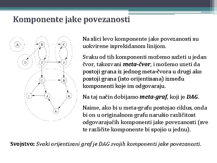 Komponente jake povezanosti Na slici levo komponente jake povezanosti su uokvirene isprekidanom linijom. Svaku