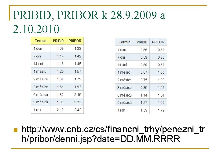 PRIBID, PRIBOR k 28. 9. 2009 a 2. 10. 2010 n http: //www. cnb.