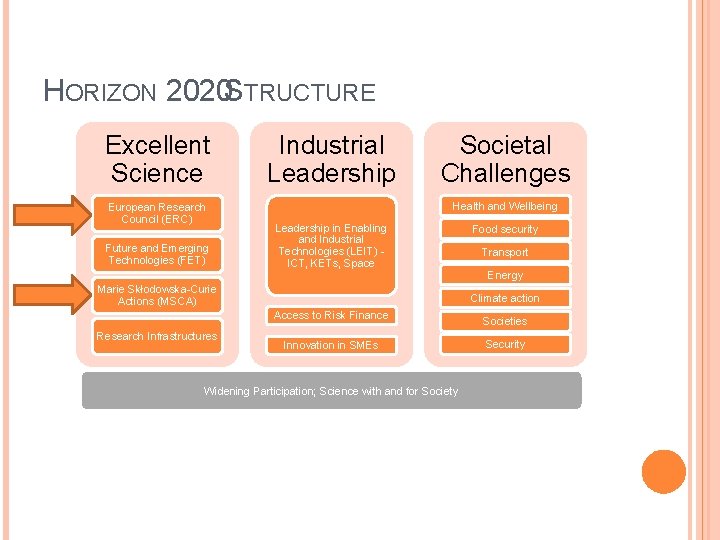 HORIZON 2020 STRUCTURE Excellent Science European Research Council (ERC) Future and Emerging Technologies (FET)