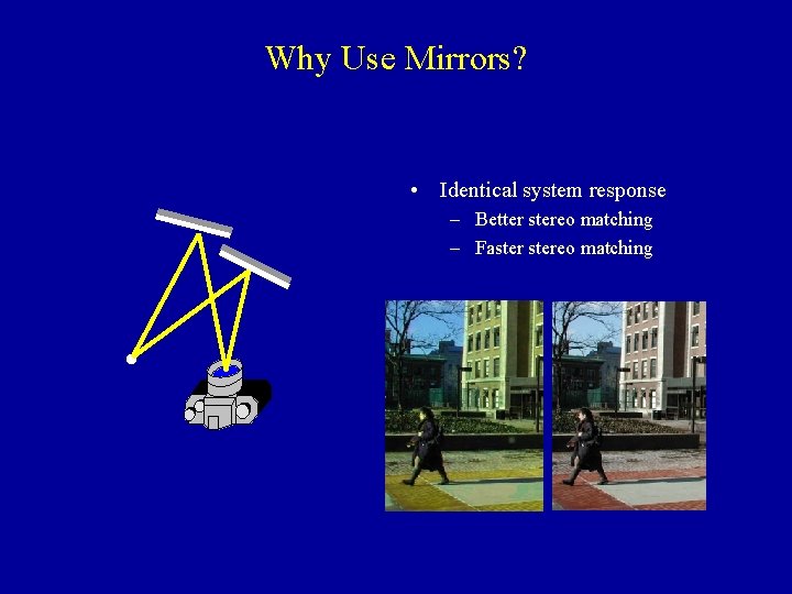 Why Use Mirrors? • Identical system response – Better stereo matching – Fastereo matching