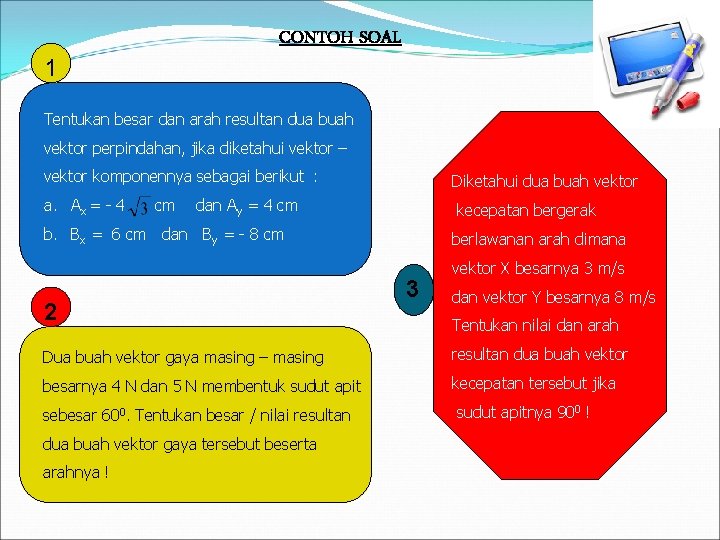 CONTOH SOAL 1 Tentukan besar dan arah resultan dua buah vektor perpindahan, jika diketahui