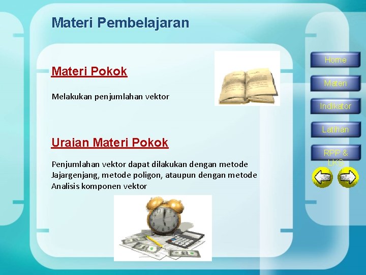 Materi Pembelajaran Materi Pokok Home Materi Melakukan penjumlahan vektor Indikator Latihan Uraian Materi Pokok