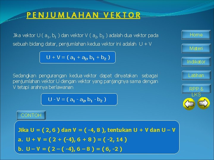 PENJUMLAHAN VEKTOR Jika vektor U ( a 1, b 1 ) dan vektor V