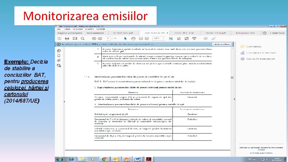 Monitorizarea emisiilor Exemplu: Decizia de stabilire a concluziilor BAT, pentru producerea celulozei, hârtiei și