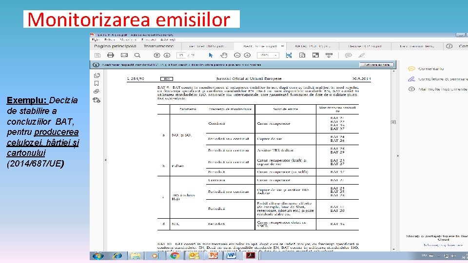 Monitorizarea emisiilor Exemplu: Decizia de stabilire a concluziilor BAT, pentru producerea celulozei, hârtiei și