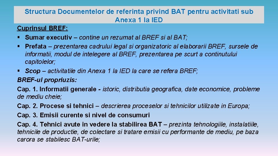 Structura Documentelor de referinta privind BAT pentru activitati sub Anexa 1 la IED Cuprinsul