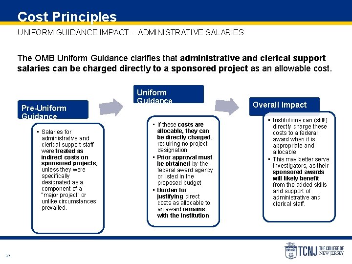 Cost Principles UNIFORM GUIDANCE IMPACT – ADMINISTRATIVE SALARIES The OMB Uniform Guidance clarifies that