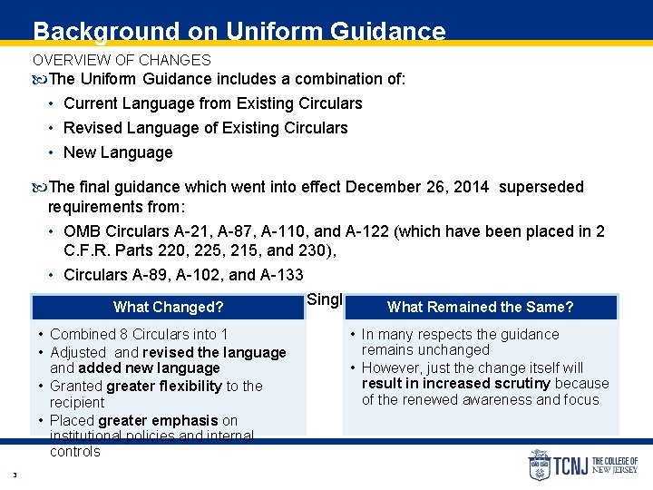 Background on Uniform Guidance OVERVIEW OF CHANGES The Uniform Guidance includes a combination of: