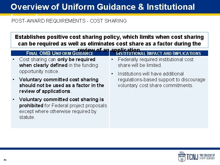 Overview of Uniform Guidance & Institutional Impact POST-AWARD REQUIREMENTS - COST SHARING Establishes positive