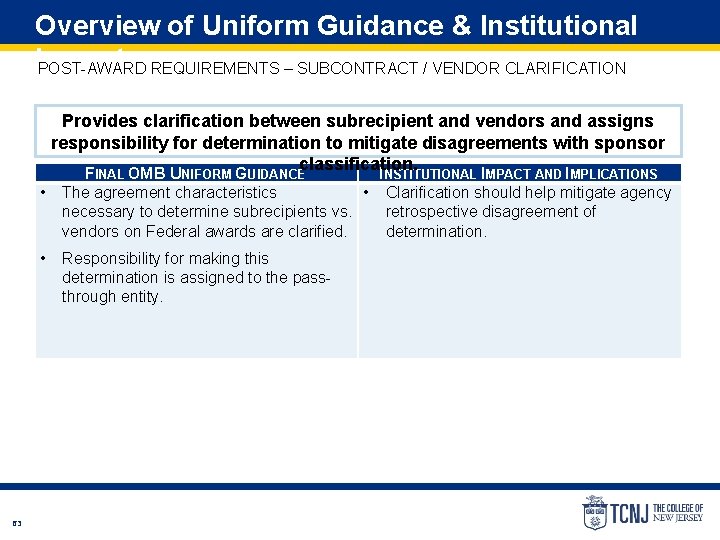 Overview of Uniform Guidance & Institutional Impact POST-AWARD REQUIREMENTS – SUBCONTRACT / VENDOR CLARIFICATION