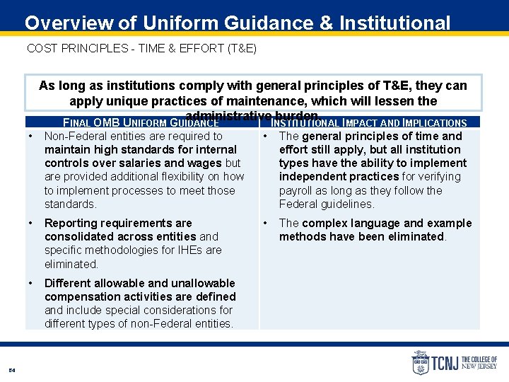 Overview of Uniform Guidance & Institutional COST PRINCIPLES - TIME & EFFORT (T&E) Impact