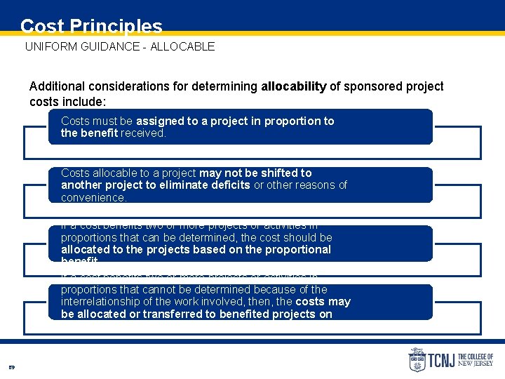 Cost Principles UNIFORM GUIDANCE - ALLOCABLE Additional considerations for determining allocability of sponsored project