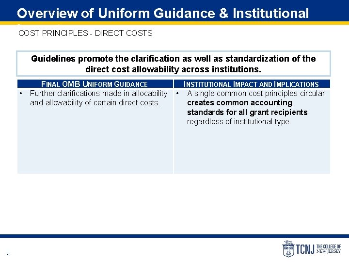 Overview of Uniform Guidance & Institutional Impact COST PRINCIPLES - DIRECT COSTS Guidelines promote