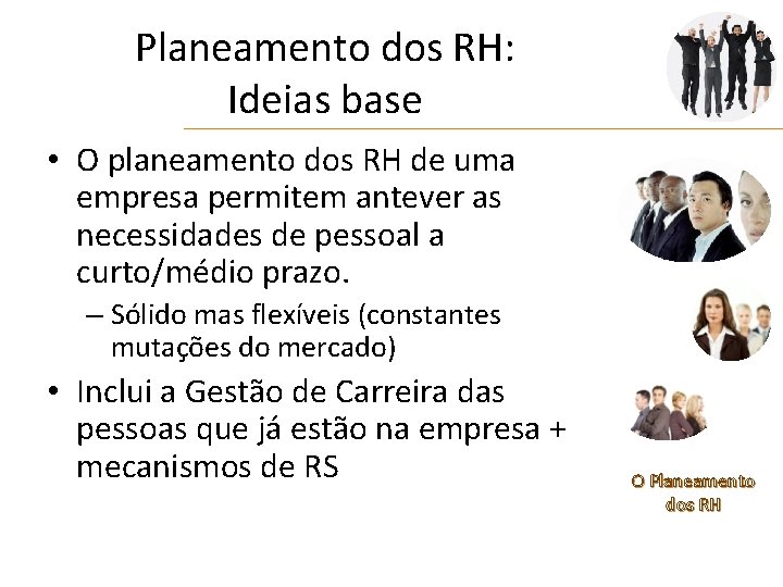 Planeamento dos RH: Ideias base • O planeamento dos RH de uma empresa permitem