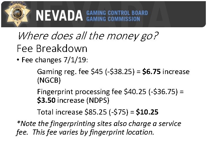Where does all the money go? Fee Breakdown • Fee changes 7/1/19: Gaming reg.