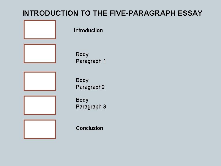 INTRODUCTION TO THE FIVE-PARAGRAPH ESSAY Introduction Body Paragraph 1 Body Paragraph 2 Body Paragraph