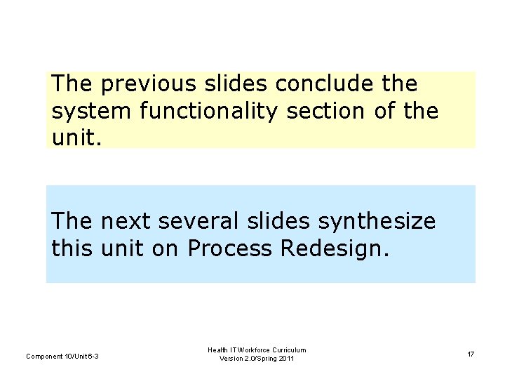 The previous slides conclude the system functionality section of the unit. The next several