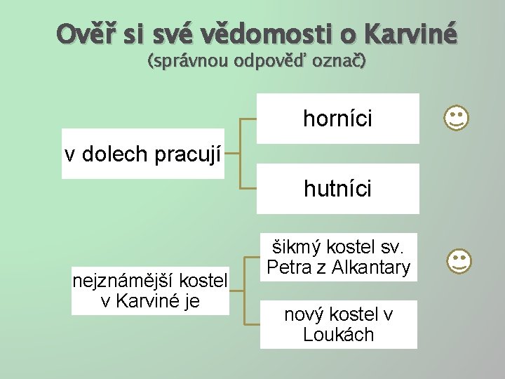 Ověř si své vědomosti o Karviné (správnou odpověď označ) horníci v dolech pracují hutníci