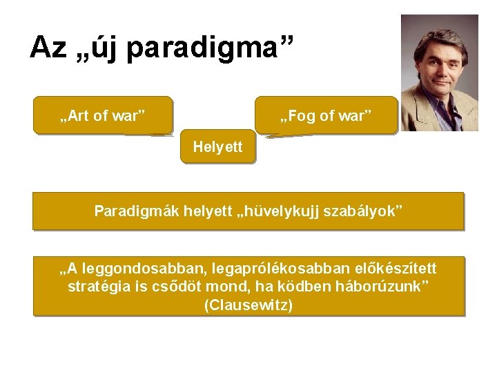 Az „új paradigma” „Art of war” „Fog of war” Helyett Paradigmák helyett „hüvelykujj szabályok”