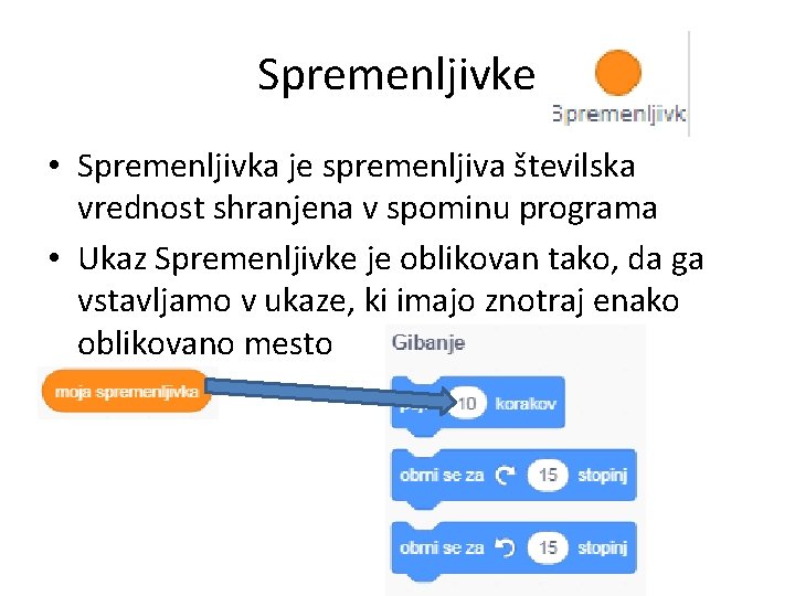 Spremenljivke • Spremenljivka je spremenljiva številska vrednost shranjena v spominu programa • Ukaz Spremenljivke