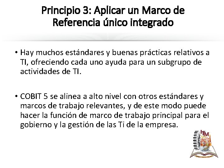 Principio 3: Aplicar un Marco de Referencia único integrado • Hay muchos estándares y