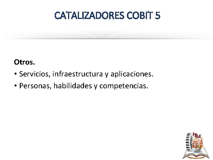 CATALIZADORES COBIT 5 Otros. • Servicios, infraestructura y aplicaciones. • Personas, habilidades y competencias.