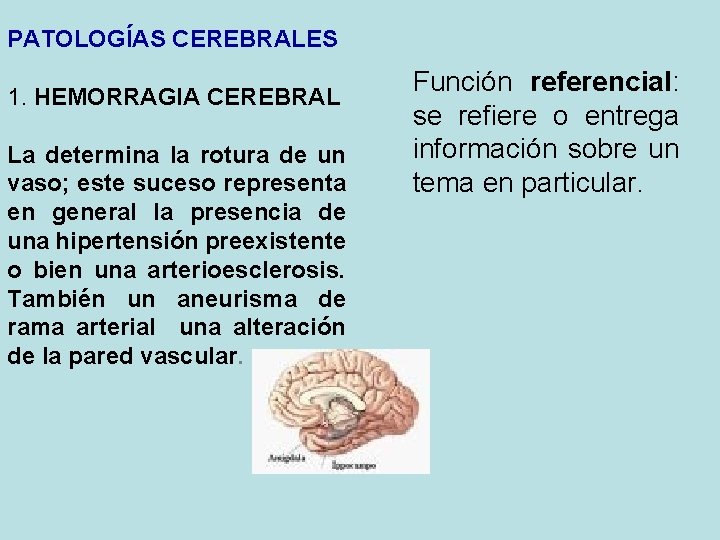 PATOLOGÍAS CEREBRALES 1. HEMORRAGIA CEREBRAL La determina la rotura de un vaso; este suceso