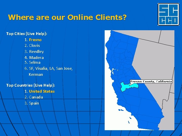 Where are our Online Clients? Top Cities (Live Help): 1. Fresno 2. Clovis 3.