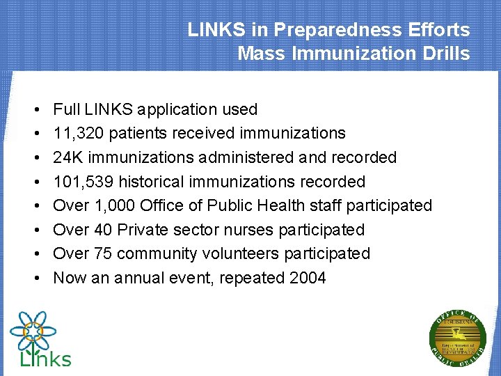 LINKS in Preparedness Efforts Mass Immunization Drills • • Full LINKS application used 11,