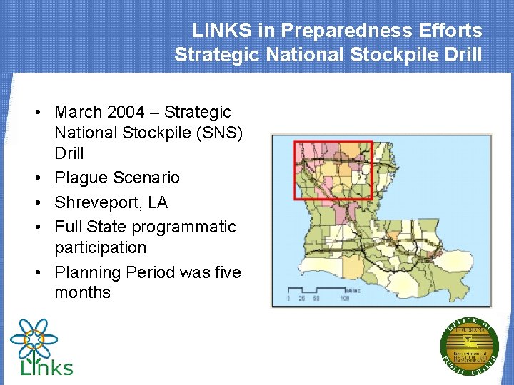 LINKS in Preparedness Efforts Strategic National Stockpile Drill • March 2004 – Strategic National