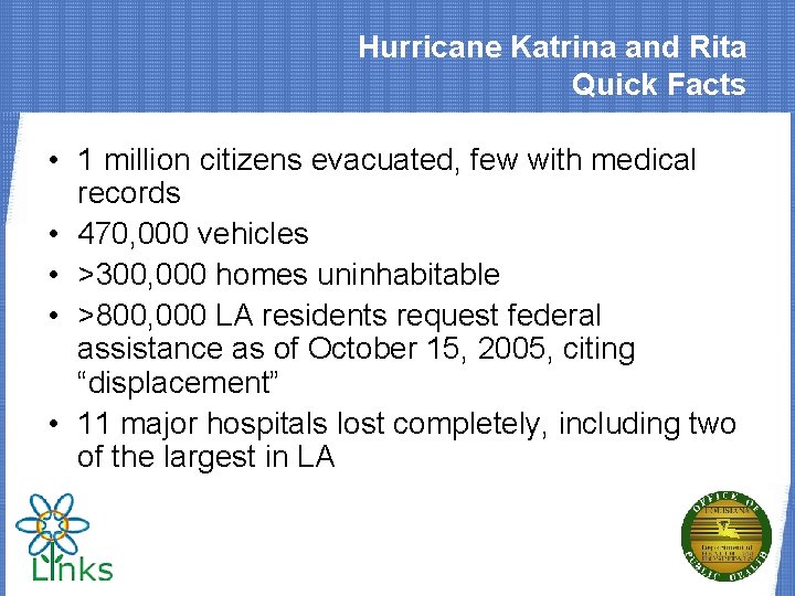 Hurricane Katrina and Rita Quick Facts • 1 million citizens evacuated, few with medical