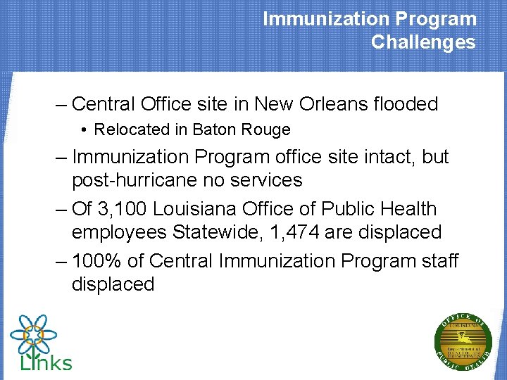Immunization Program Challenges – Central Office site in New Orleans flooded • Relocated in