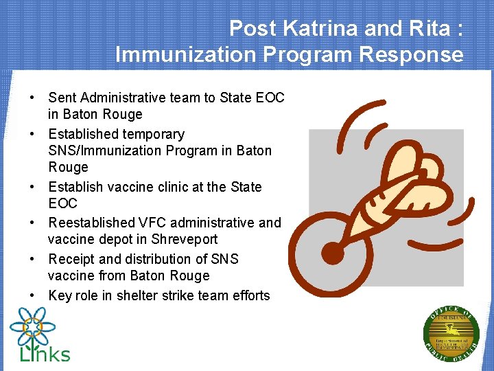 Post Katrina and Rita : Immunization Program Response • Sent Administrative team to State